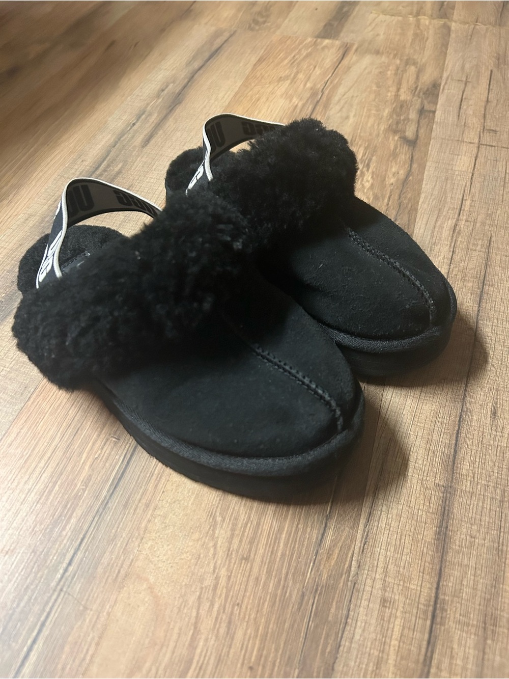UGG Kids Girls Platform Slingback Slipper Slide Black Suede Wool Cuff Size 1